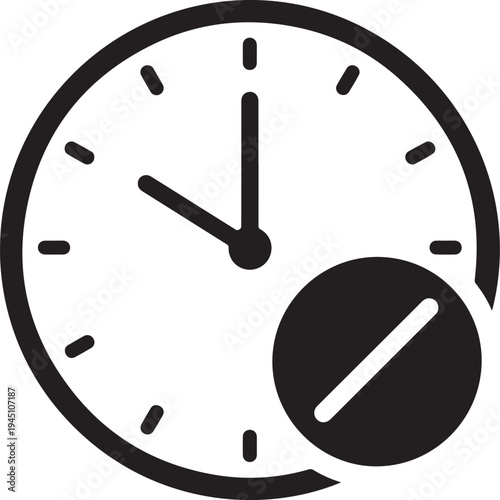 Minimalist black linear icon of wall clock with restriction mark representing time out or forbidden scheduling on transparent background art