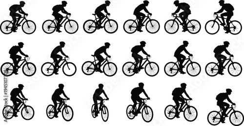Cyclist riding bicycle silhouette set vector illustration, mountain bike rider collection isolated sport cycling activity icons on white background