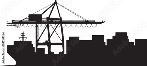 Black silhouette cargo ship with crane and city skyline