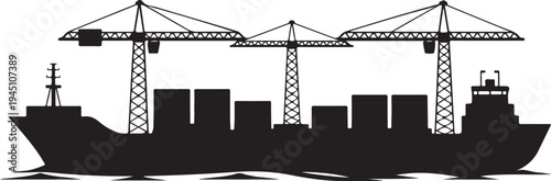 Black silhouette cargo ship with cranes and containers