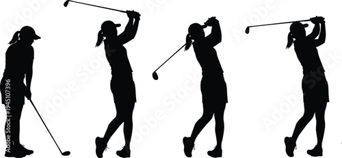Female golfer swing silhouette vector illustration, woman golf player swing sequence collection isolated sport athlete activity icons