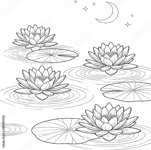 Serene water lilies and lotus flowers on a pond with moon and stars coloring page