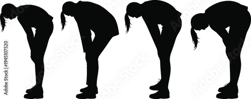 Silhouette woman exhausted posture, tired female resting pose, fatigue concept illustration, casual clothing ponytail, stress relief vector art