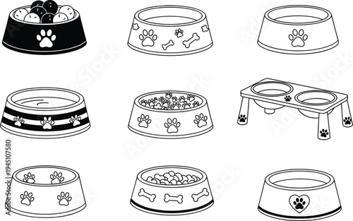 Dog food bowl icon set vector illustration, pet feeding dishes with paw print design animal care accessories
