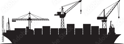 Black silhouette cargo ship with cranes and containers