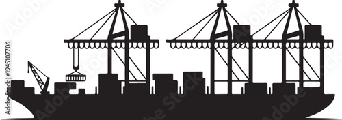 Black silhouette cargo ship with cranes and containers