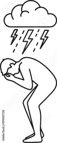 Sad man under rain with lightning stress depression mental health problem vector outline art
