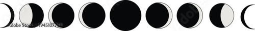 moon phases sequence, lunar cycle illustration, minimalist black white astronomy background, waxing waning crescent gibbous full moon alignment night sky