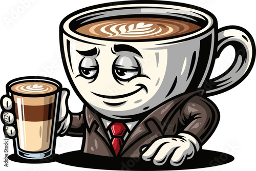 Coffee cup character in suit holding a latte