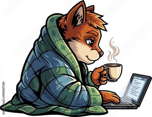 Comfortable fox wrapped in blanket using laptop