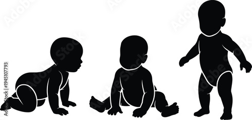 Baby development stages silhouette illustration crawling sitting standing toddler growth milestone child growth stages infant development vector isolated