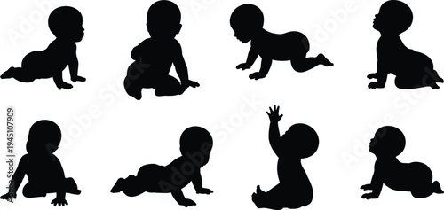 baby silhouette collection, crawling sitting infant poses set, newborn child activity stages black shadow illustration isolated white background