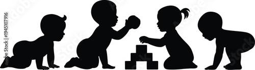 baby silhouette set, crawling playing toddlers with blocks, infant activity poses collection, childhood development black shadow illustration isolated