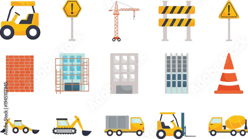 Construction vector icons set including forklift, crane and building materials