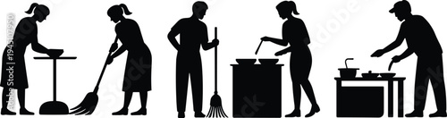 household chores silhouette set, people cleaning cooking sweeping mopping washing dishes, daily home activities black shadow illustration collection