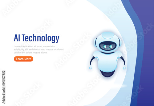 Modern artificial intelligence technology banner featuring a cute humanoid robot on a clean digital background. Concept of AI technology, robotics, automation, machine learning.