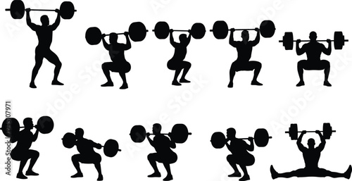 Illustrations of various weightlifting and strength training exercises using barbells.