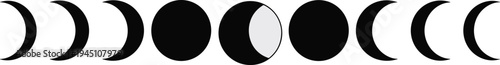 moon phases silhouette sequence, lunar cycle crescent to full moon alignment, astronomy celestial illustration black isolated background