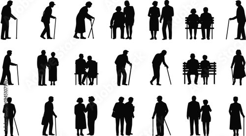 Elderly People Silhouettes Walking Sitting and Standing with Canes Keywords: elderly people, silhouette, seniors, old age