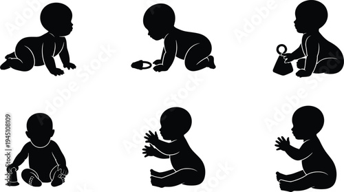 baby silhouette activity set, crawling sitting playing infant poses collection, newborn child development black shadow illustration isolated background