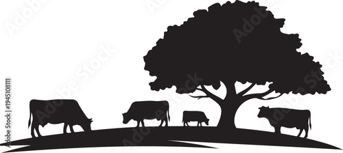 Black silhouette cows grazing under tree on hill