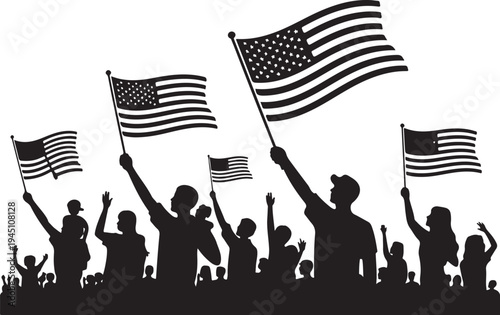 Black silhouette crowd waving american flags white background