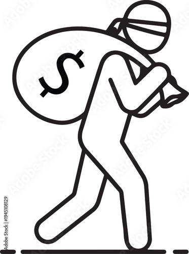 Thief icon depicting criminal character carrying heavy money bag with dollar sign on shoulder for robbery and crime concept illustration