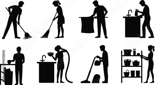 household chores people silhouette set, cleaning cooking washing organizing home activities, domestic work black illustration collection isolated background