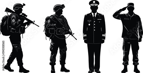 Four military personnel in different uniforms and roles