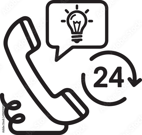 Twenty four hour customer service concept with telephone and light bulb idea in speech bubble for continuous support solution