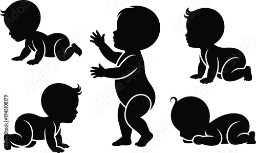 baby crawling standing silhouette set, infant toddler movement stages illustration, cute child development poses black silhouette collection isolated