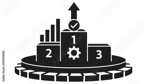 A black and white icon of a podium with a gear and checkmark