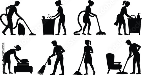 house cleaning people silhouette set, domestic chores activities vacuum mopping washing organizing home hygiene routine black illustration collection