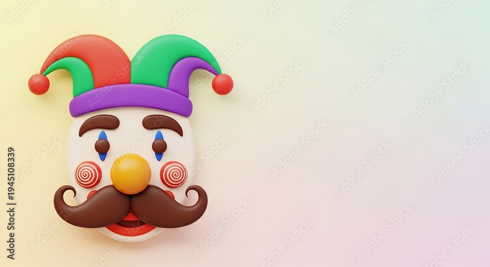 Obraz premium April Fools Day Jester Face with Hat, Nose, and Mustache 3D Rendering