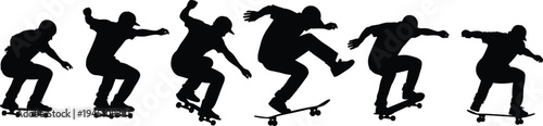 Dynamic sequence of a skateboarder performing various tricks and movements on a board