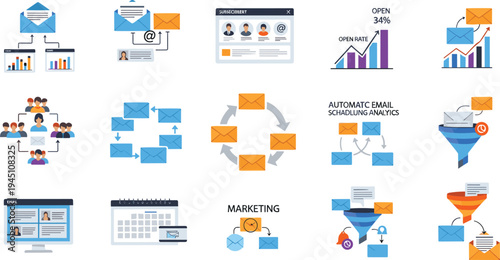 Email marketing automation workflow icons set newsletter campaign analytics open rate customer communication vector illustration collection
