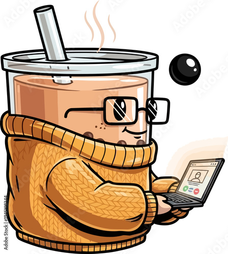 Cute boba tea character in a sweater and glasses attending a virtual meeting