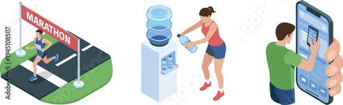 Isometric fitness activities including marathon running water hydration and mobile workout tracking app healthy lifestyle vector illustration set