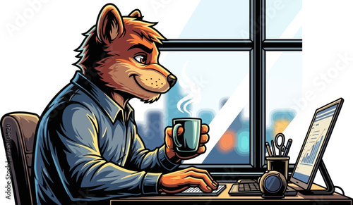 Executive fox drinking coffee with city view