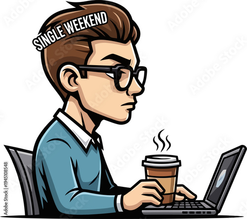 Focused man using a laptop during a single weekend work session