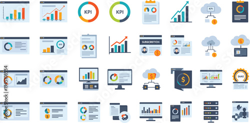 Business analytics dashboard icons set KPI charts financial reports statistics monitoring data analysis vector illustration collection