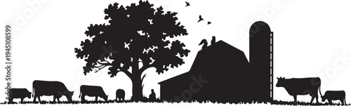 Black silhouette farm scene with cows barn and tree
