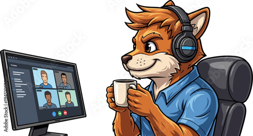 Fox character wearing headphones for video meeting