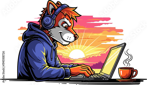 Fox in hoodie working on laptop during sunset