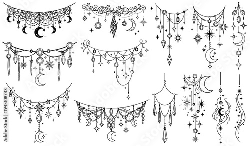 幻想的な月と星の宝飾ガーランド素材セット 装飾的なラインアート,宝石と天体,魔法アイテム,白背景,モノクロ