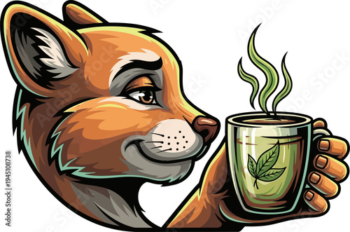 Fox mascot enjoying a cup of herbal tea