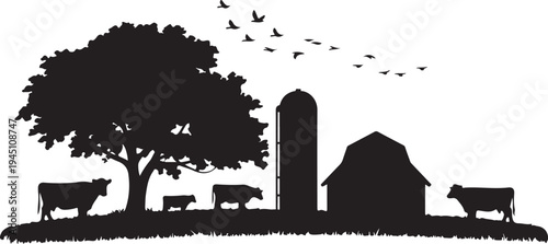 Black silhouette farm scene with cows tree barn silo and flying birds
