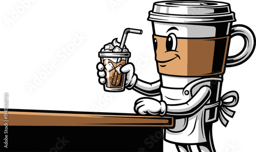 Friendly coffee cup mascot serving iced drink