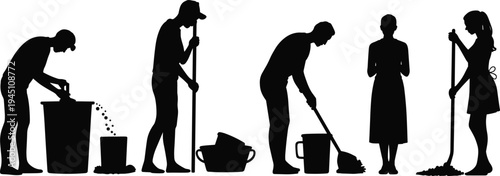 cleaning people silhouettes set with janitor, housekeeper and maid workers sweeping mopping and washing for housekeeping service icons