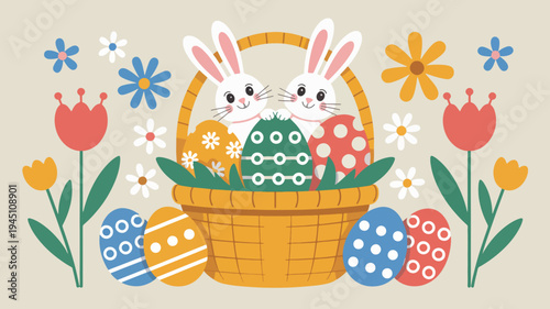 Easter bunny in basket with colorful eggs and flowers on beige background spring holiday scene